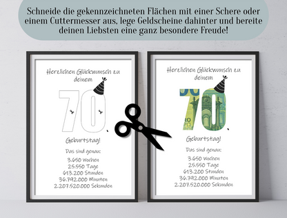 Geldgeschenk 70. Geburtstag, Geschenk, Druckvorlage, Sofort-Download,  Last-Minute-Geschenk, PDF-Datei