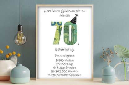 Geldgeschenk 70. Geburtstag, Geschenk, Druckvorlage, Sofort-Download,  Last-Minute-Geschenk, PDF-Datei