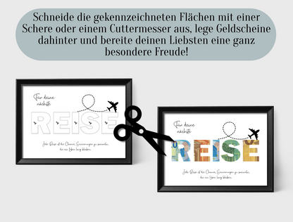 Geschenk für die nächste Reise, Urlaub, Geldgeschenk, Geburtstag,  Druckvorlage, Sofort-Download, PDF-Datei