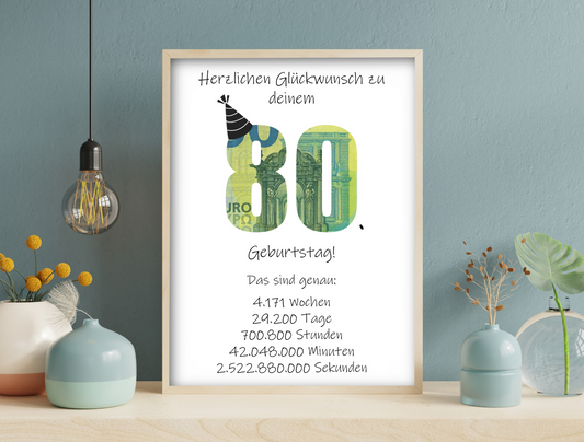 Geldgeschenk 80. Geburtstag, Geschenk, Druckvorlage, Sofort-Download,  Last-Minute-Geschenk, PDF-Datei
