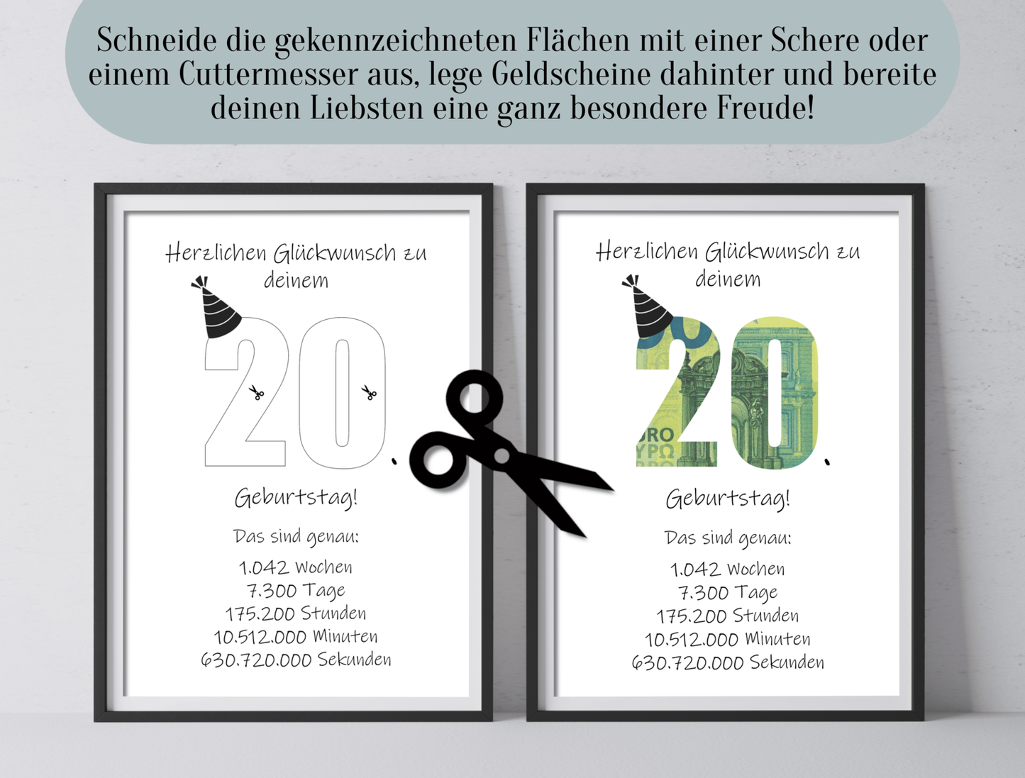 Geldgeschenk 20. Geburtstag, Geschenk, Druckvorlage, Sofort-Download, PDF