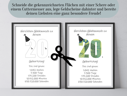 Geldgeschenk 20. Geburtstag, Geschenk, Druckvorlage, Sofort-Download, PDF