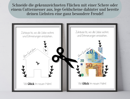 Geldgeschenk, Einweihungsgeschenk, neues Haus, neue Wohnung, neues Heim, Druckvorlage, Sofort-Download, PDF