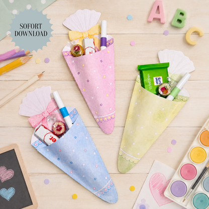 Geschenk zur Einschulung, Mini-Schultüten, Duplo-Banderole, kleine Aufmerksamkeit, Druckvorlage, Sofort-Download, Last-Minute-Geschenk, PDF-Datei